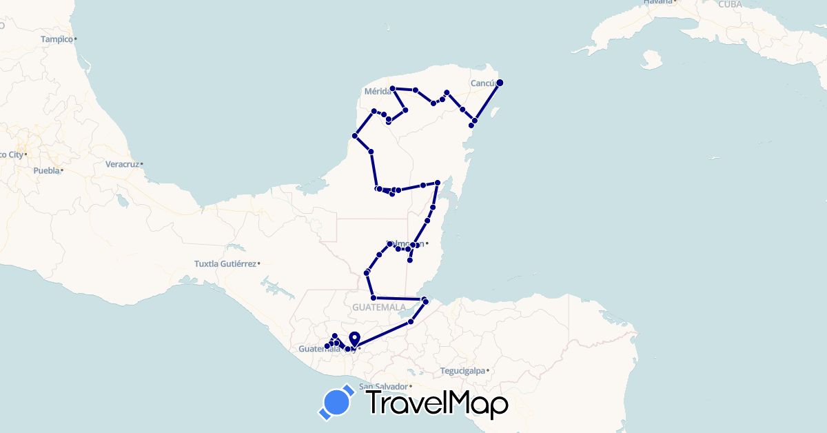 TravelMap itinerary: driving in Belize, Guatemala, Mexico (North America)
